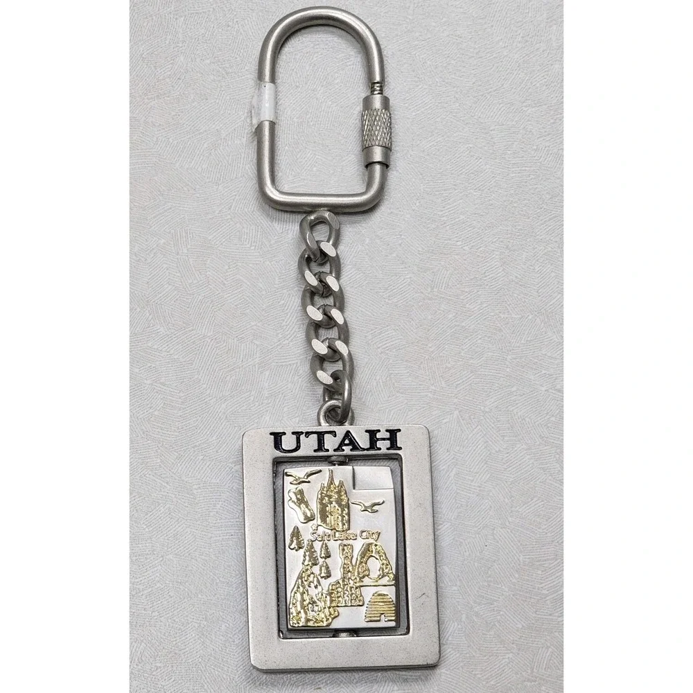 Vintage Salt Lake City Utah UT Spinning Keychain Center Collectible Silver Gold